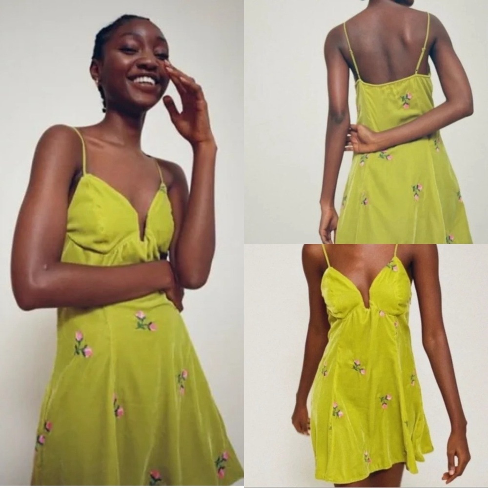 Urban Outfitters Ginger Velvet Mini Dress Y2K Boho Embroidered Floral Green M